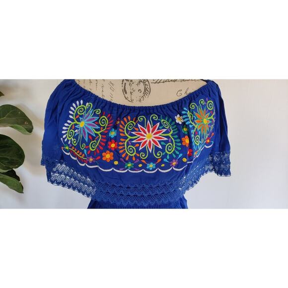 New Mexican Peasant Embroidered Blouse Off Shoulder Floral Top Handmade Sz M - Picture 6 of 8